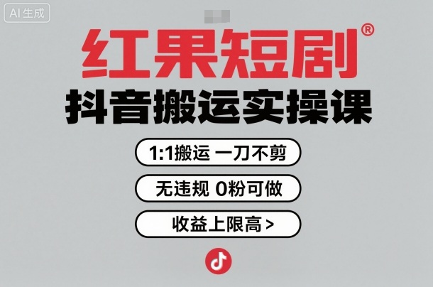 红果短剧拉新之抖音搬运实操课，1：1搬运，一刀不剪，无违规，0粉可做，收益上限高-财兔窝项目网