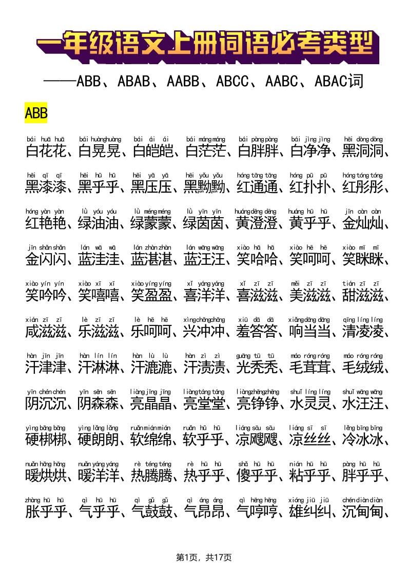 新一上语文词语必考类型(ABB、ABAB、AABB、ABCC、AABC、ABAC、ABCB类词语)17页-财兔窝项目网