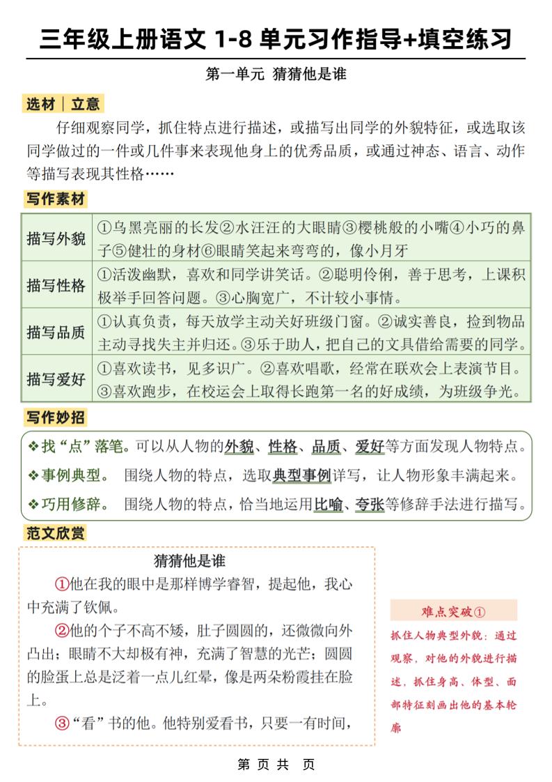 新三上语文1-8单元作文习作指导+填空练习(32页)-财兔窝项目网