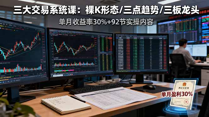 三大交易系统课：裸K形态/三点趋势/三板体系，单月收益率30%+92节实操内容-财兔窝项目网