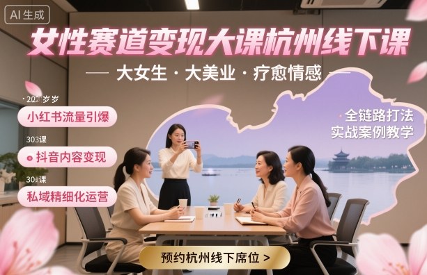 女性赛道变现大课杭州线下，大女生，大美业，疗愈情感，一套小红书、抖音、私域全链路打法-财兔窝项目网