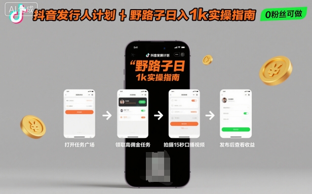 抖音发行人计划全新野路子玩法，随时随地，只要有手机，就能操作，日入1k+【揭秘】-财兔窝项目网