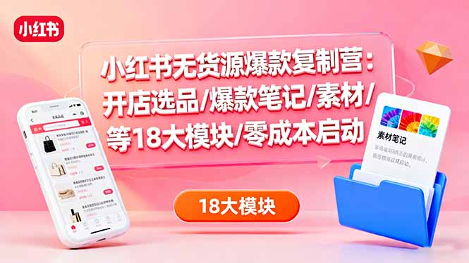 小红书无货源爆款复制营：开店选品/爆款笔记/素材/等18大模块/零成本启动-财兔窝项目网