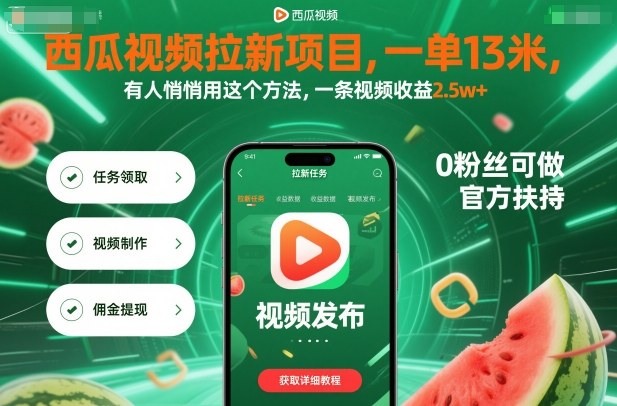 西瓜视频拉新项目，一单13米，有人悄悄用这个方法，一条视频收益2.5w+(附详细教程)-财兔窝项目网