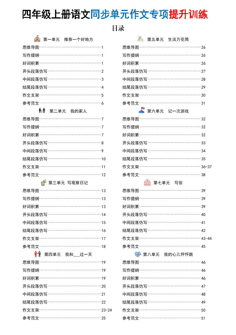 新四上语文同步单元作文专项提升训练（52页）-财兔窝项目网