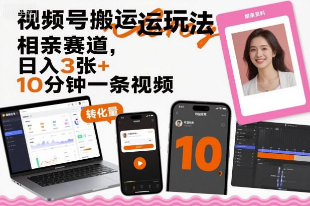 视频号搬运玩法，相亲赛道，日入3张+，10分钟一条视频-财兔窝项目网