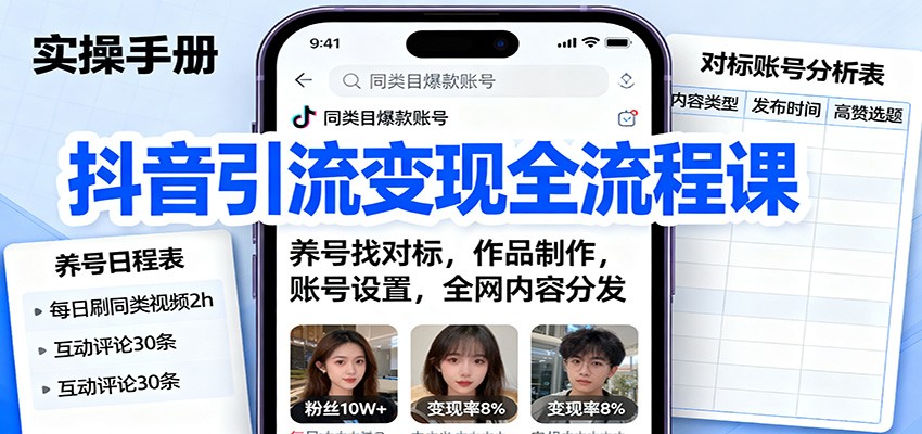 抖音引流变现全流程课：养号找对标，作品制作，账号设置，全网内容分发-财兔窝项目网