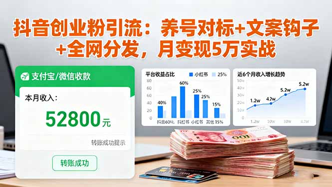 抖音创业粉引流：养号对标+文案钩子+全网分发，月变现5万实战-财兔窝项目网