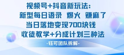 视频号加抖音新玩法：爆火新型每日语录，收徒教学加分成计划，三种变现玩法，当日变现7张-财兔窝项目网