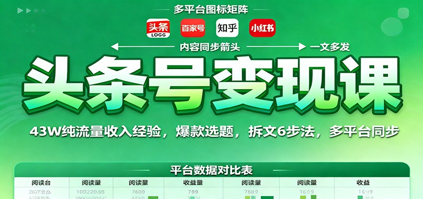 头条号变现课：43W纯流量收入经验，爆款选题，拆文6步法，多平台同步-财兔窝项目网