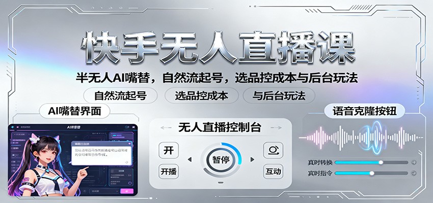 快手无人直播课：半无人AI嘴替，自然流起号，选品控成本与后台玩法-财兔窝项目网