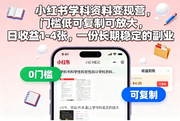 小红书学科资料变现营,门槛低可复制可放大,日收益1-4张,一份长期稳定的副业-财兔窝项目网