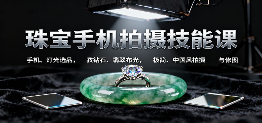 珠宝手机拍摄技能课:手机、 灯光选品，教钻石、翡翠布光，极简、中国风拍摄与修图-财兔窝项目网