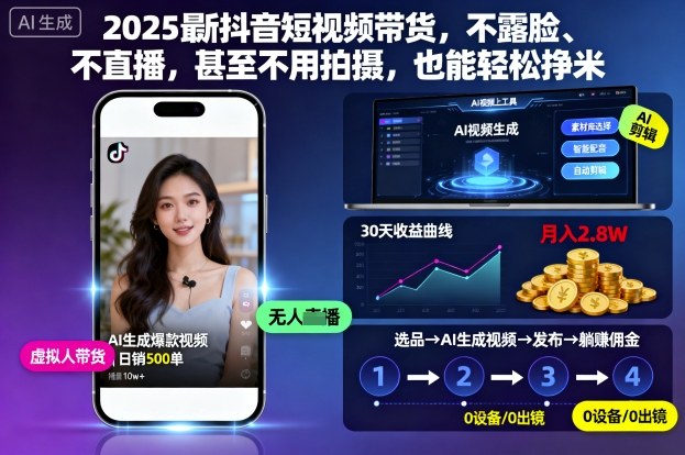 2025最新抖音短视频带货，不露脸、不直播，甚至不用拍摄，也能轻松挣米-财兔窝项目网