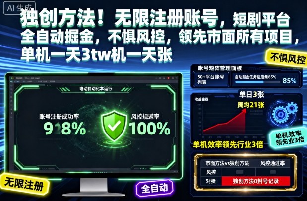 独创方法！无限注册账号，短剧平台全自动掘金，不惧风控，领先市面所有项目，单机一天3张【揭秘】-财兔窝项目网