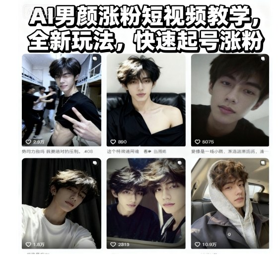 AI男颜涨粉短视频教学，全新玩法，快速起号涨粉-财兔窝项目网