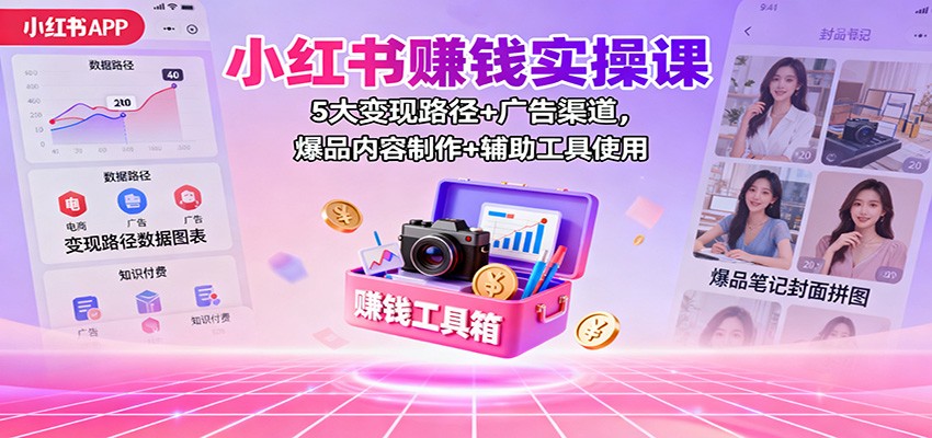 小红书赚钱实操课：5大变现路径+广告渠道，爆品内容制作+辅助工具使用-财兔窝项目网