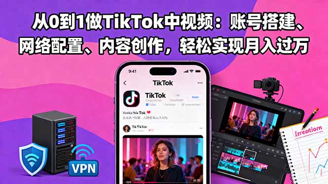 从0到1做TikTok中视频：账号搭建、网络配置、内容创作，轻松实现月入过万-财兔窝项目网