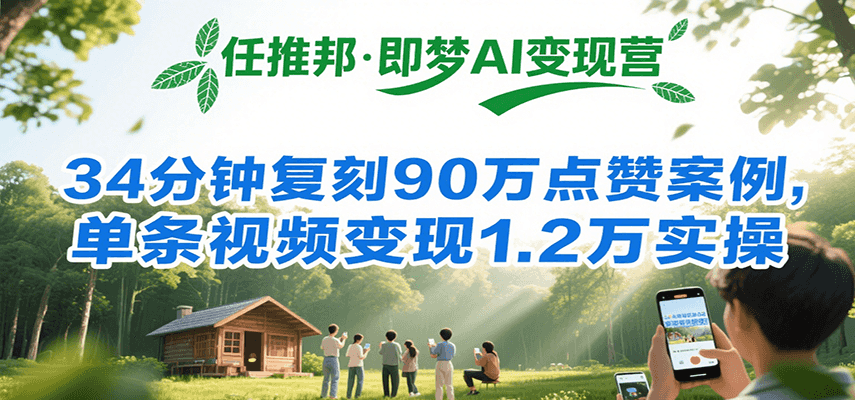任推邦·即梦AI变现营，34分钟复刻90万点赞案例，单条视频变现1.2万实操-财兔窝项目网