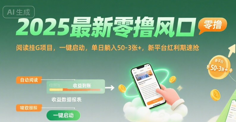 2025最新零撸风口，阅读挂G项目，一键启动，单日躺入 50-3张+，新平台红利期速抢【揭秘】-财兔窝项目网