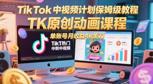 TikTok中视频计划保姆级教程，TK原创动画课程，单账号月收益4k美刀-财兔窝项目网