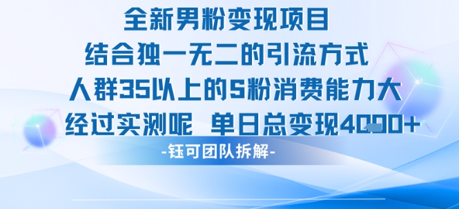 全新男粉变现项目引流人群35以上的男粉消费能力大 经过实测单日变现1k+-财兔窝项目网