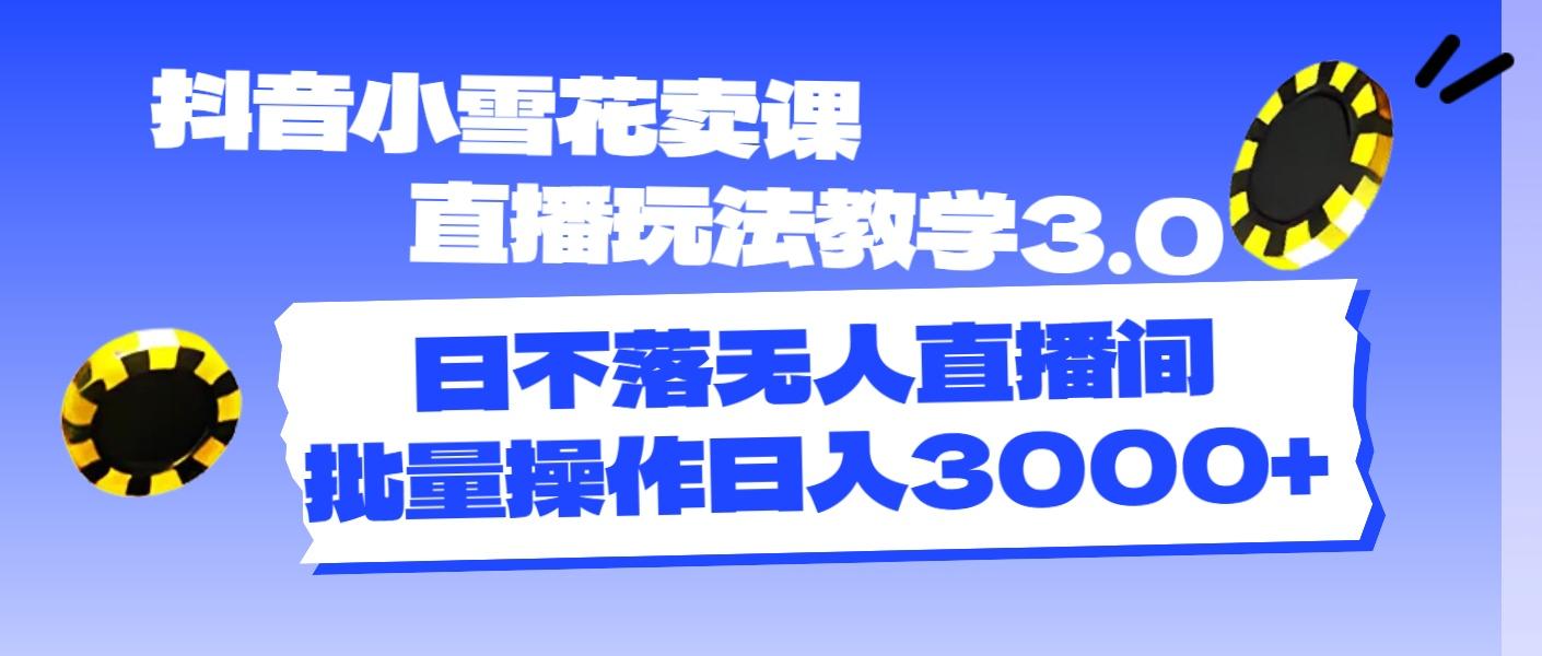 抖音小雪花卖课直播玩法教学3.0，日不落无人直播间，批量操作日入3000+-财兔窝项目网
