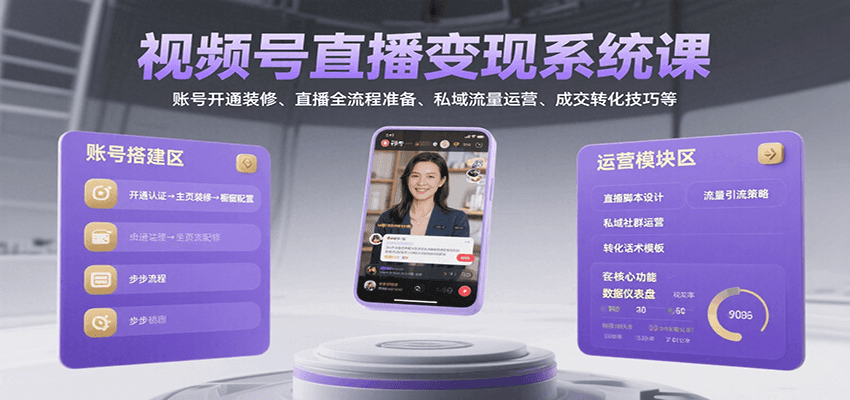 视频号直播变现系统课，账号开通装修、直播全流程准备、私域流量运营、成交转化技巧等-财兔窝项目网