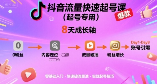 抖音流量快速起号课(起号专用)，8天带你做爆自己的账号-财兔窝项目网