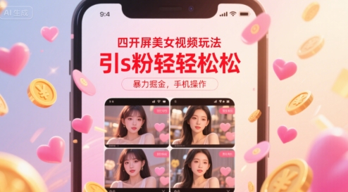 四开屏美女视频玩法，引s粉轻轻松松，暴力掘金，手机操作【揭秘】-财兔窝项目网