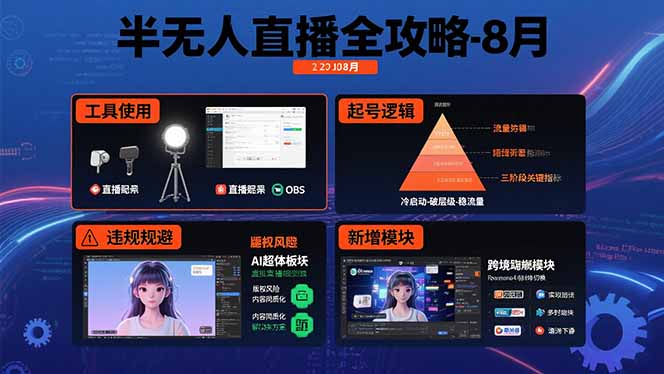 半无人直播全攻略-8月：工具使用+起号逻辑+违规规避,新增AI超体与跨境模块-财兔窝项目网