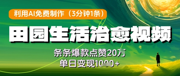 利用AI免费制作田园生活治愈视频，条条爆款点赞20W，单日变现几张-财兔窝项目网