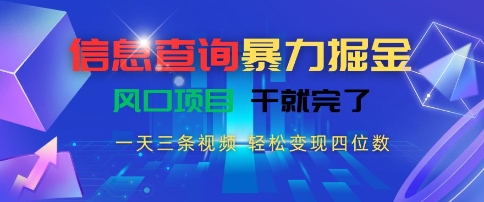 信息查询暴力掘金，一天三条视频，轻松变现四位数，风口项目干就完了【揭秘】-财兔窝项目网