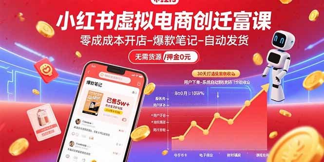 小红书虚拟电商创富课：零成本开店/爆款笔记/自动发货,30天打造被动收入-财兔窝项目网