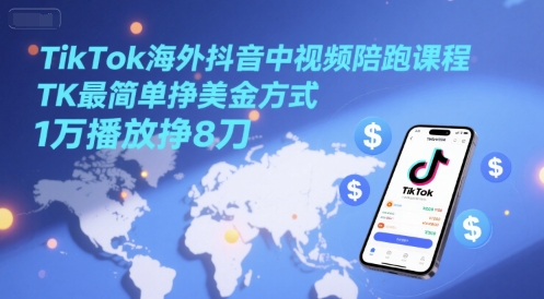 TikTok海外抖音中视频陪跑课程，TK最简单挣美金方式，1万播放挣8刀-财兔窝项目网