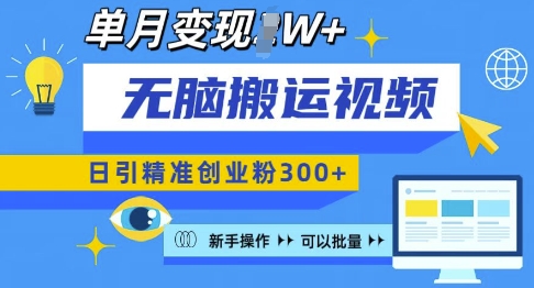 无脑搬运视频号可批量复制，新手即可操作，日引精准创业粉300+，月变现过W 【揭秘】-财兔窝项目网