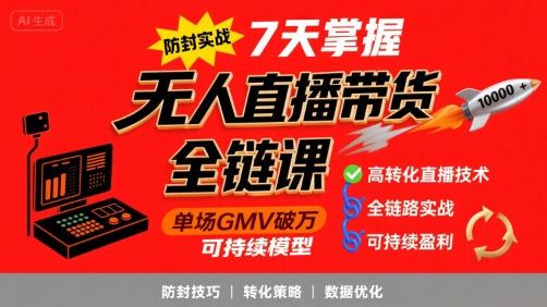 无人直播带货全链防封实战课，7天掌握高转化直播技术，实现单场GMV破万可持续模型-财兔窝项目网