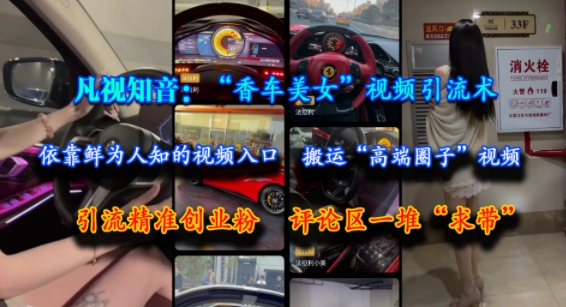 凡视知音：“香车美女”视频引流术，依靠鲜为人知的视频入口，搬运“高端圈子”视频，引流精准创业粉，评论区一堆“求带”-财兔窝项目网