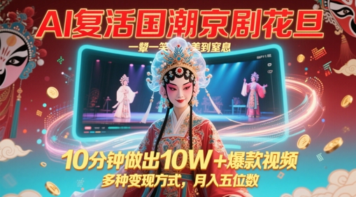 AI复活国潮京剧花旦，一颦一笑美到窒息，10分钟做出10W+爆款视频，多种变现方式，月入五位数-财兔窝项目网