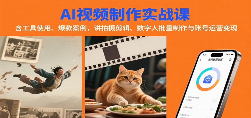 AI视频制作实战：含工具使用、爆款案例，讲拍摄剪辑、数字人批量制作与账号运营变现-财兔窝项目网