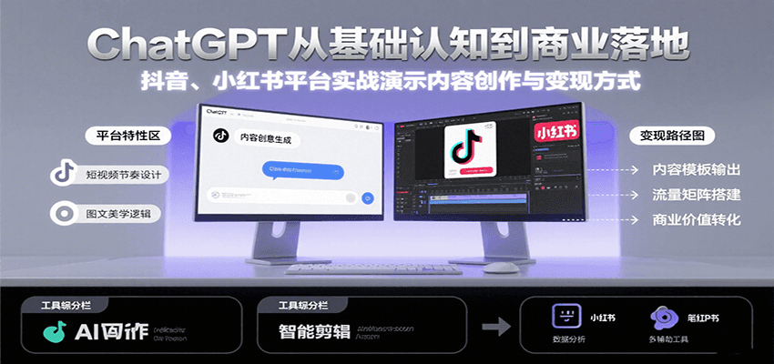 ChatGPT从基础认知到商业落地，实战演示抖音、小红书等平台的内容创作与变现-财兔窝项目网