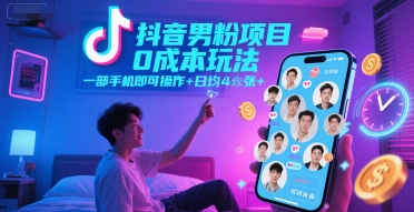 抖音男粉项目0成本玩法，一部手机即可操作，日均4张+，时间自由-财兔窝项目网
