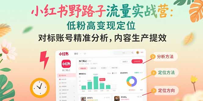 小红书野路子流量实战营：低粉高变现定位 对标账号精准分析 内容生产提效-财兔窝项目网