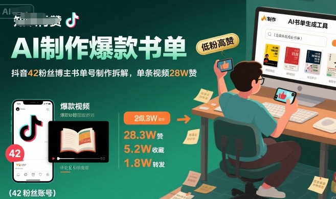 AI制作爆款书单，抖音42粉丝博主书单号制作拆解，单条视频28W赞-财兔窝项目网