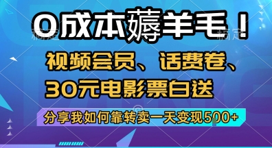 0成本薅羊毛!视频会员、话费卷、30元电影票白送，分享我如何靠转卖一天变现5张+【揭秘】-财兔窝项目网