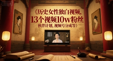 历史女性独白视频，13个视频10w粉丝，伙伴计划，视频号分成等-财兔窝项目网