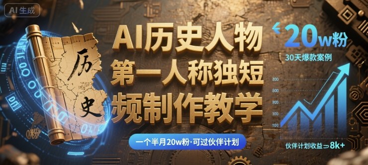 最新AI历史人物第一人称独白短视频制作教学，一个半月20w粉，可过伙伴计划-财兔窝项目网