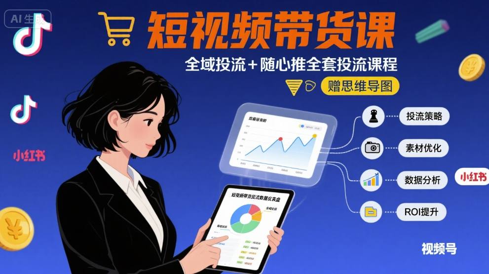 最新短视频带货课，全域投流+随心推全套投流课程+思维导图-财兔窝项目网