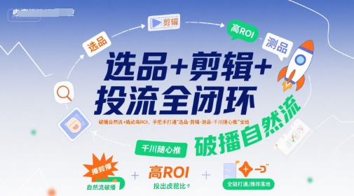 选品+剪辑+投流全闭环，破播自然流+撬动高ROI，手把手打通“选品-剪辑-测品-千川随心推”全链-财兔窝项目网
