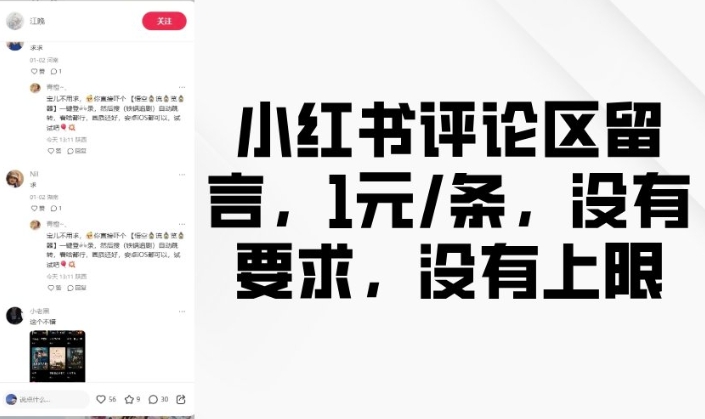 小红书评论区留言，1元条，没有要求，没有上限-财兔窝项目网